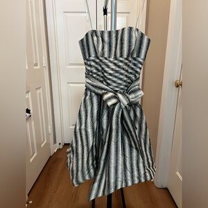 BCBGMaxAzria Silver Strapless Satin Party Dress with Bow Detail